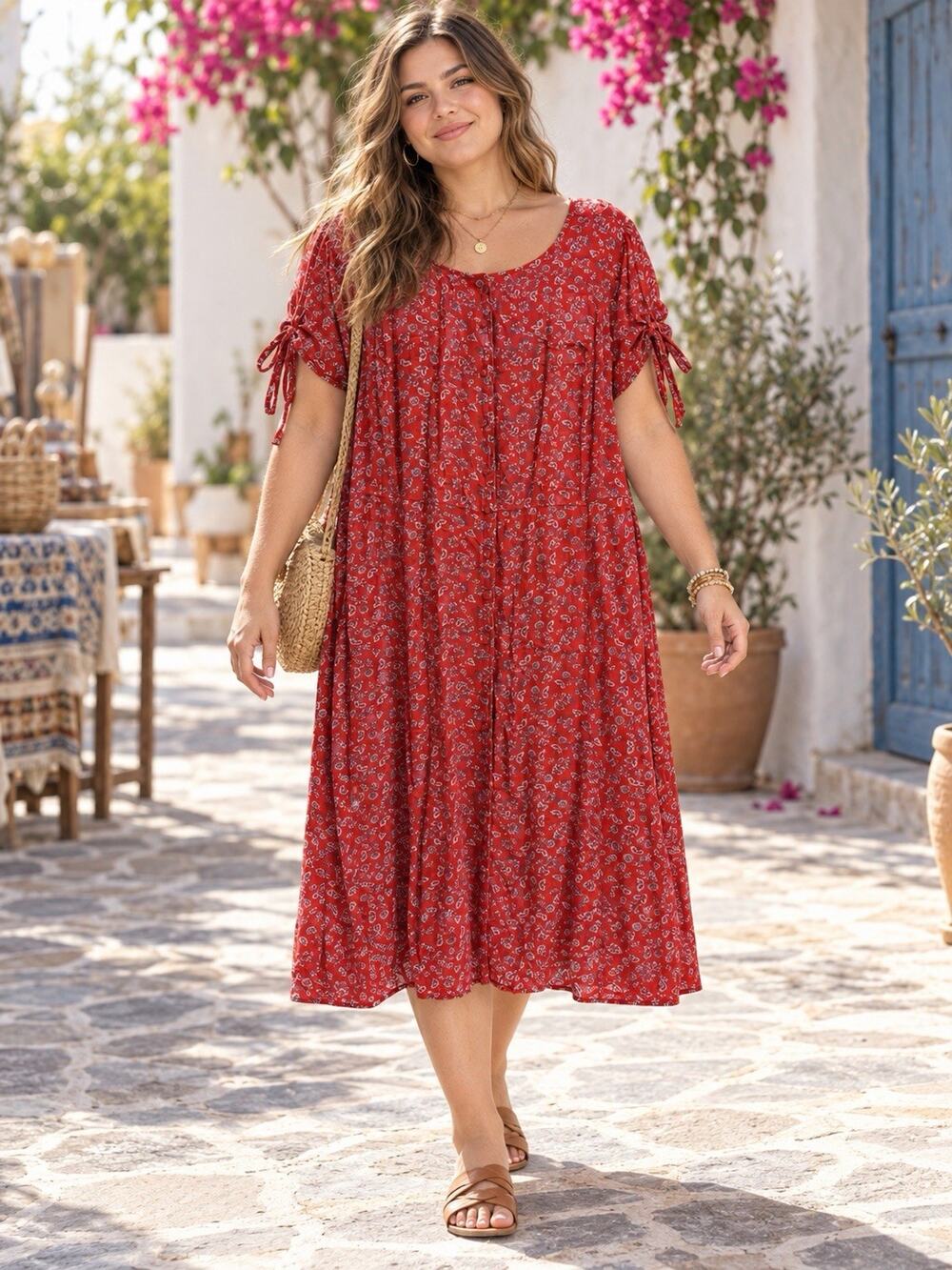 Ellos Women’s Dress Plus Size 20 Red Floral Rayon Tie Sleeve Boho Midi